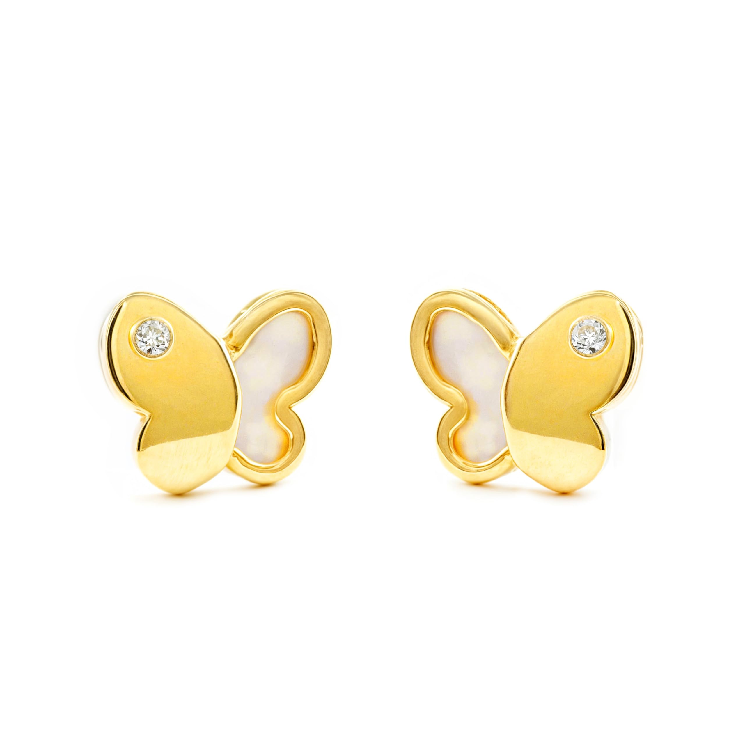 Pendientes niña mariposa con nacar y circonita (9 Kilates (9K) ts) - Estuche Regalo - Certificado de Garantía - Mondepetit