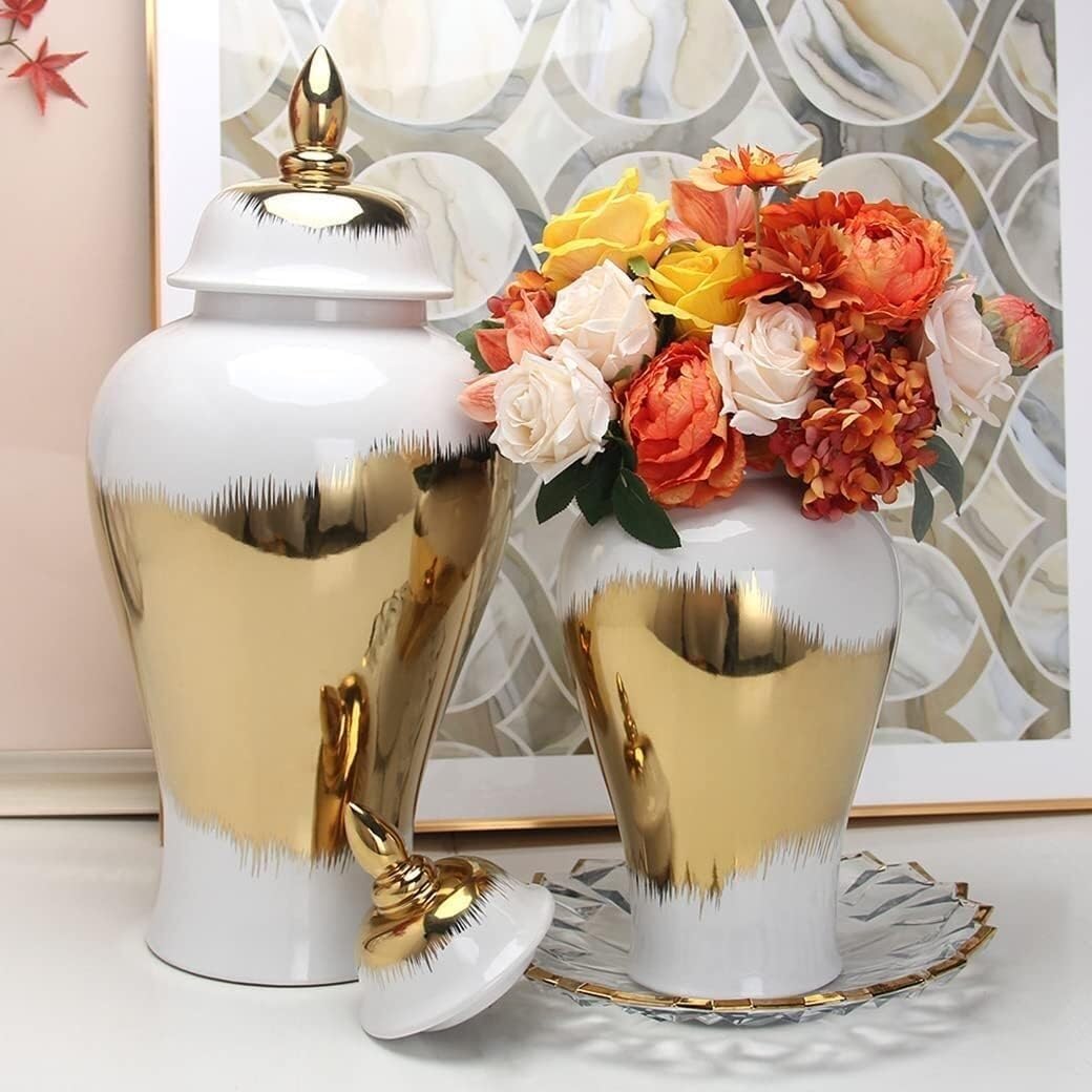 Home Decor Vaso di zenzero decorativo in ceramica vasi floreali con coperchio Vaso di zenzero con finiture in oro Barattoli di porcellana Vaso cinese
