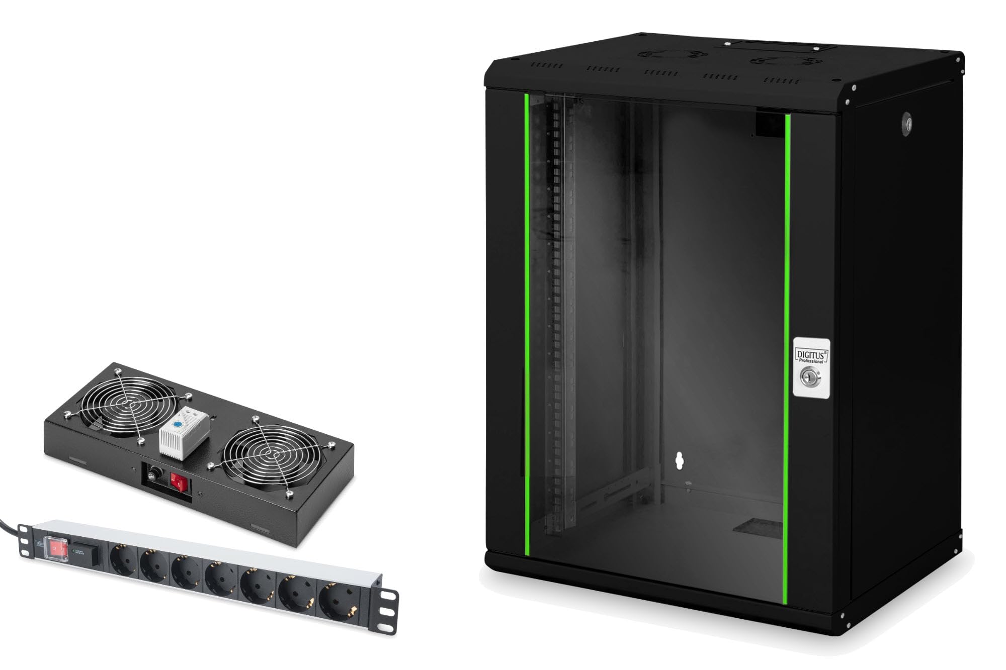 DIGITUS Set: Armoire réseau 19" 16U + Ventilateur de Toit + Bloc multiprise 7 Ports // Rack 19 Pouces - Montage Mural - 450mm de Profondeur - Charge 100kg - Profondeur utile 305-370 mm - Noir