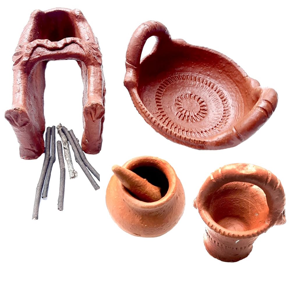VILLAGE KRAFT Natural/Eco-Friendly Clay/Terracotta Handcrafted Earthen Kadai, Bucket, Matki, Spoon & Chulha Miniature Toy Set/Choppu Jaman/Kitchen Playsets/Pretend Playset/Gift for Kids/Girls/Boys (B0917RH81K) Amazon Price History, Amazon Price Tracker