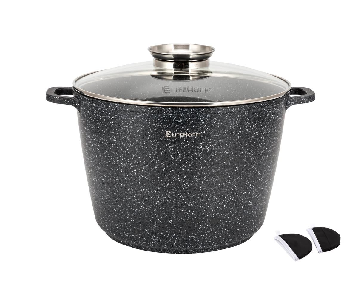 Olla de Cocina Antiadherente EliteHoff con Tapa, Olla de Aluminio para Sopa, Gran Olla de Mármol para Inducción, Olla de Inducción para Todo Tipo de Cocinas (Negro, 10L Ø 28cm)