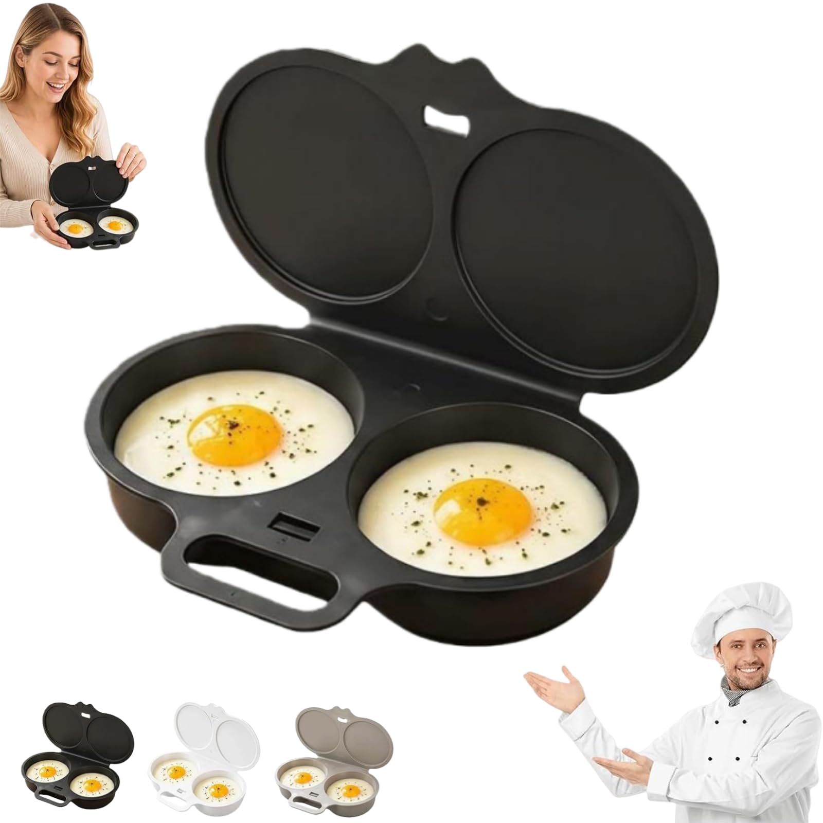 Dual Cavity Microwave Egg Poacher with Lid & Handle (Black)
