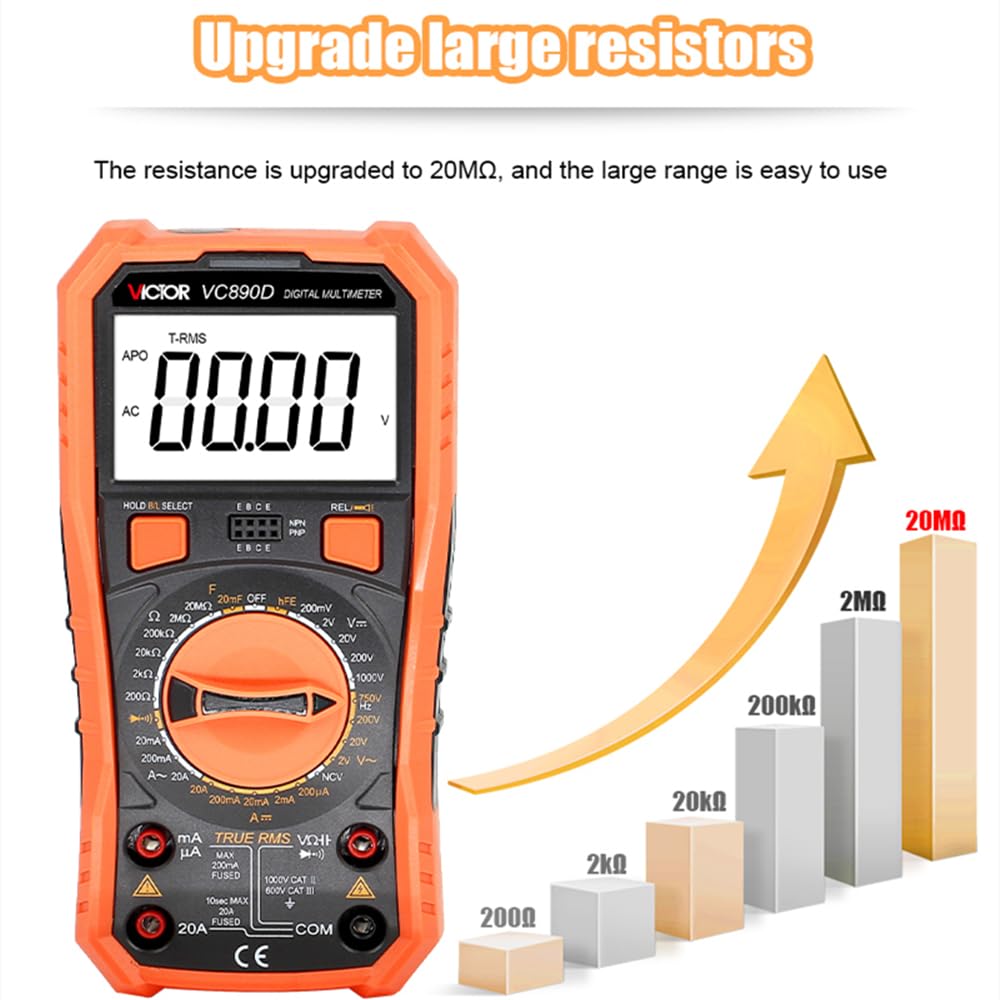 Victor VC890D Digital Multimeter Tester, 1999 Counts, Measures DC/AC Voltage & Current Resistance Capacitance Frequency Diode Continuity Testing with Auto Power Off (Victor VC890D)
