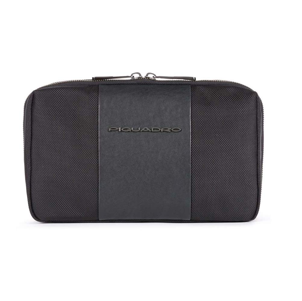 Piquadro - Estuche Para Cables 3 Compartimentos en Piel - Unisex - Negro | Tejido reciclado, Organizador de cargadores, Accesorios tech, Oficina y estudio, Desplazamientos
