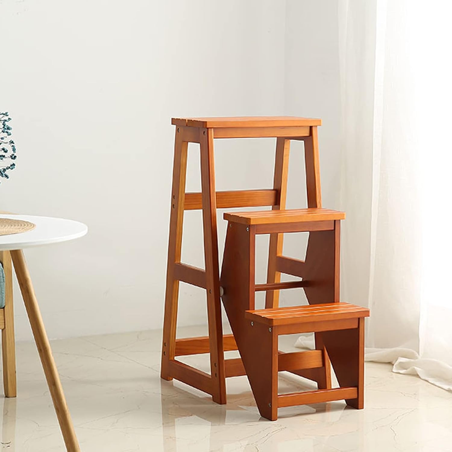 Foldable Step Stool Wooden Ladder Chair, 3 Steps Stair Chair Portable Stepladder Home Library Climb Ladder Stool Shoe Bench Flower Rack, Brown