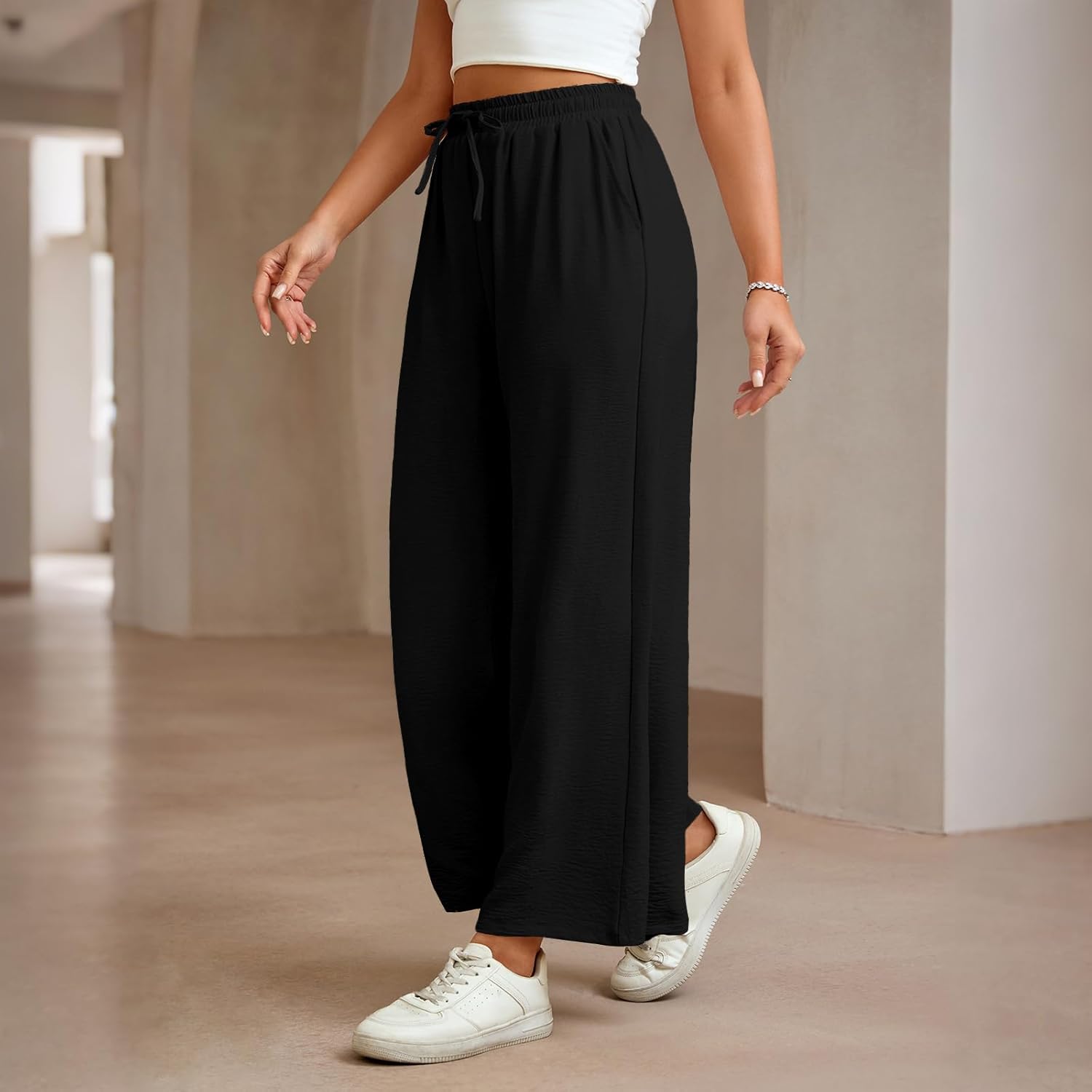 Pants for Women Wide Leg Pants Drawstring Elastic High Waist Flowy Work Formal Pants with Pockets - Image 3