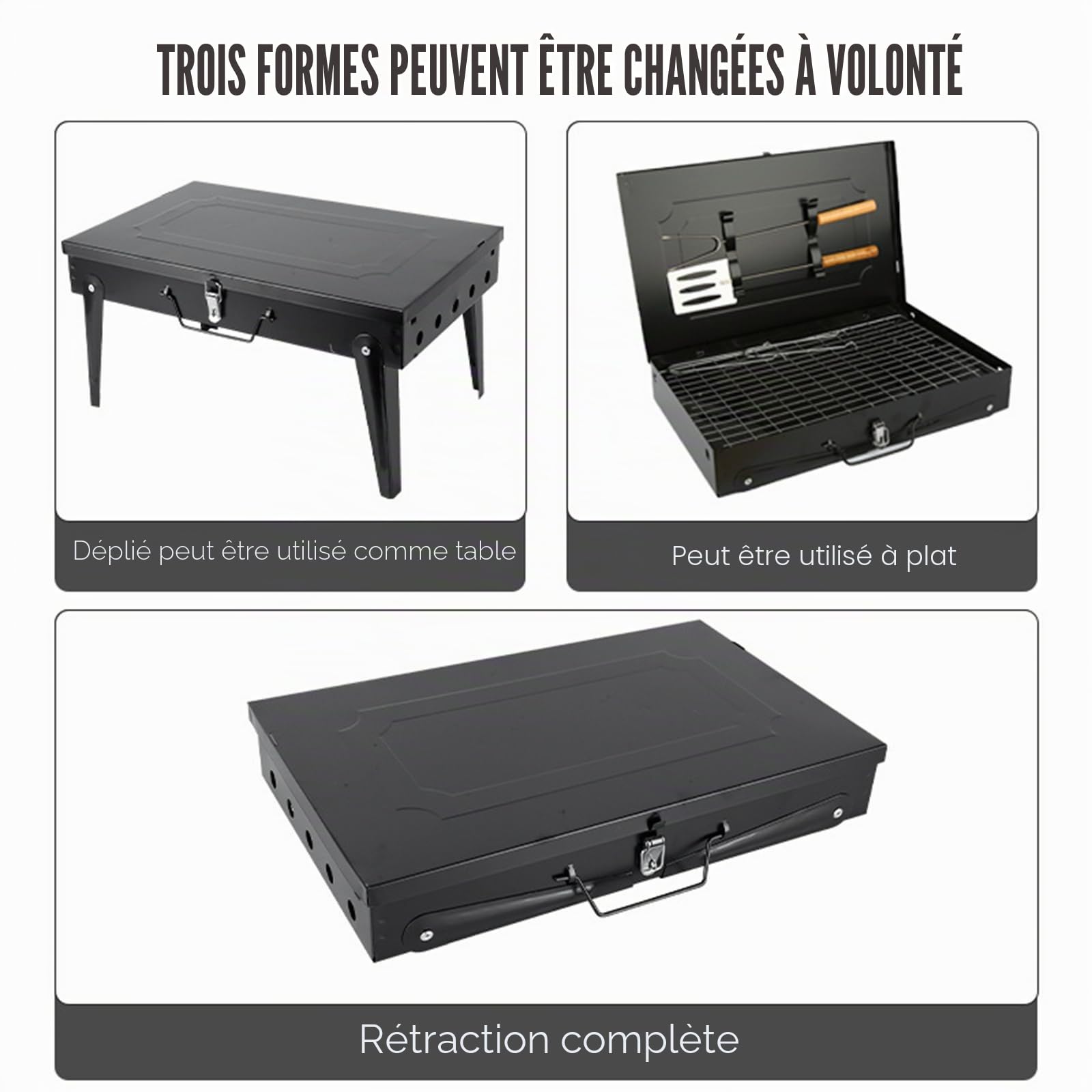 Barbecue à charbon pliable au format valise, petit barbecue de table portable avec grille et accessoires, barbecue compact en acier inoxydable pour la maison, le camping et les pique-niques