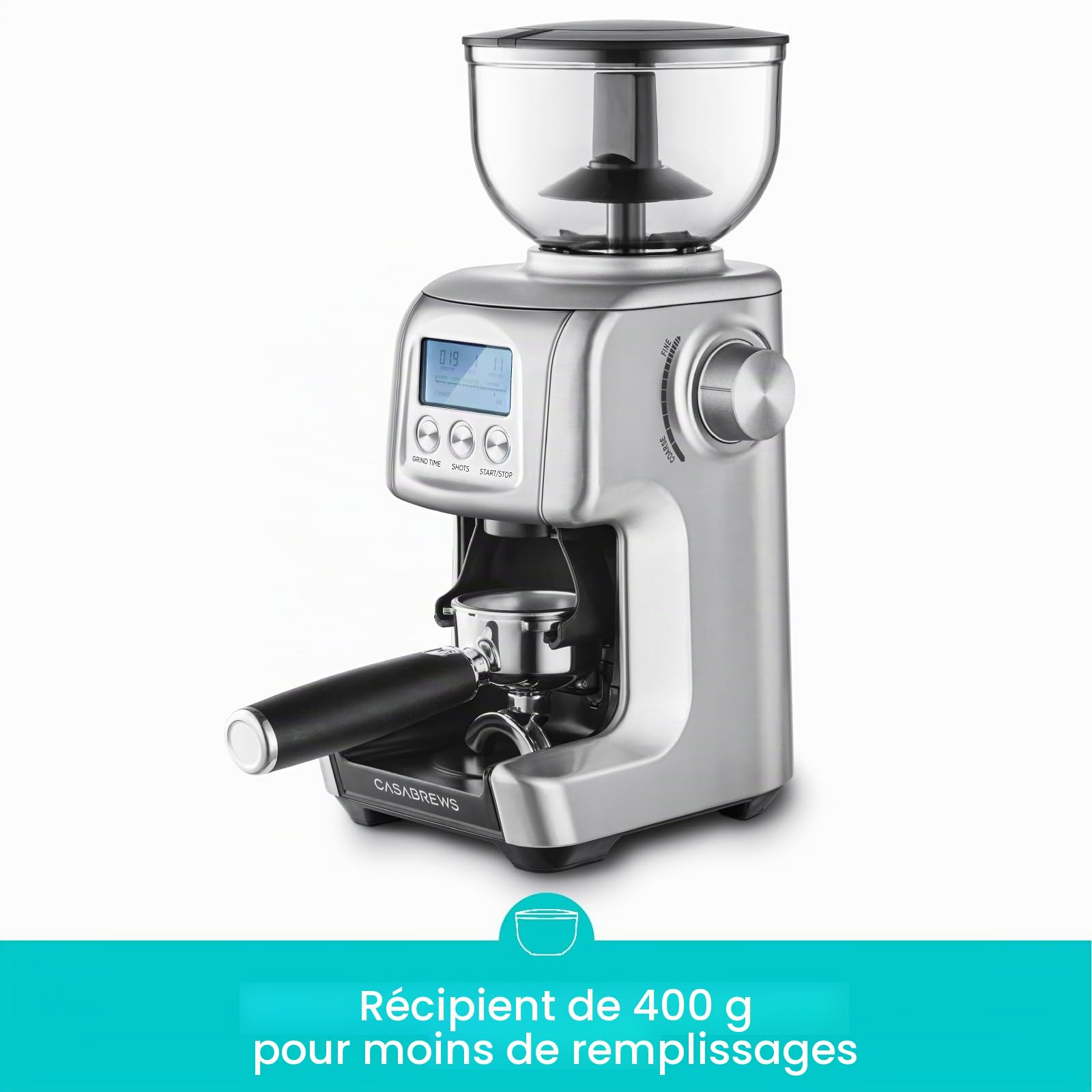 CASABREWS Molinillo à Café Électrique, Broyeur à Grains avec 77 Réglages de Mouture, Écran LCD, Réglage de la Quantité et du Temps, Support Porte-Filtre, Capacidad 400g