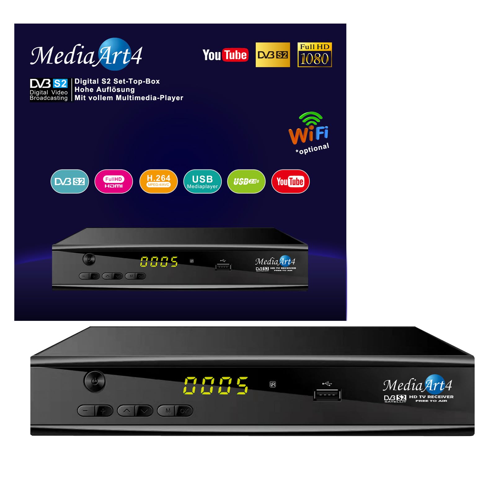 Sat Receiver MEDIAART-4 WLAN programmiert Deutsche Senderliste HD 2xUSB YouTube Full HDTV Scart Camping Receiver