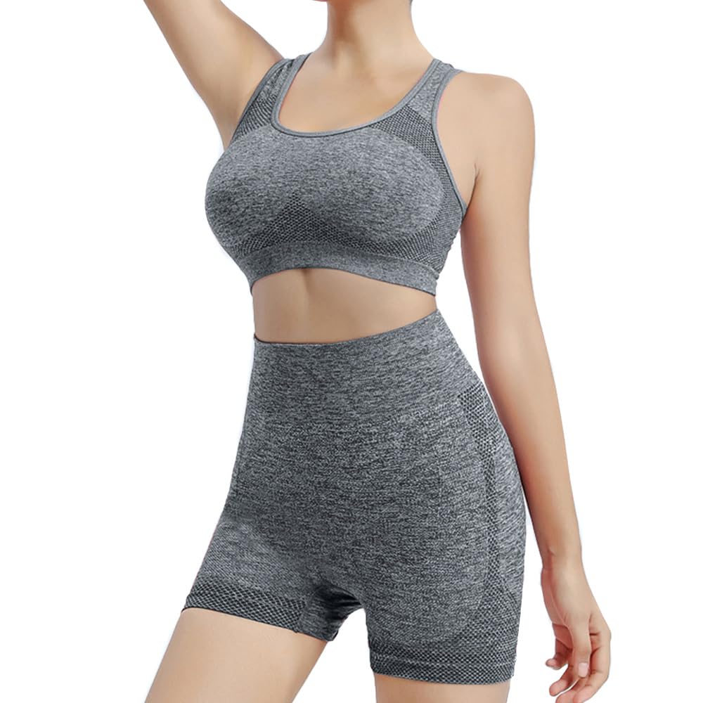 BKEPDY Conjunto Deportivo Mujer 2 Piezas Pantalones Cortos de Yoga sin Costuras Elásticos Leggings de Cintura Alta Top Deportiva Ropa de Entrenamiento para Fitness Gym Running Jogging Gimnasio Ejercicio