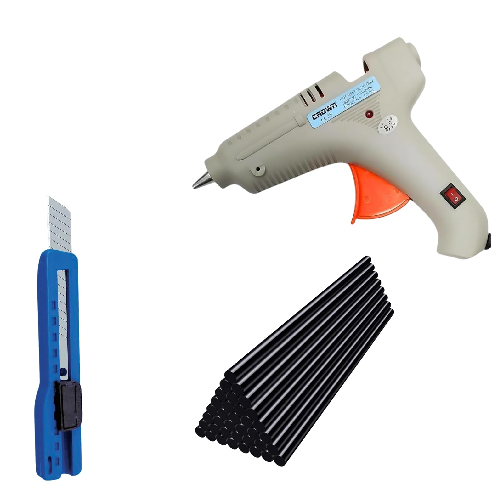 VMTRONIX - 150W Hot Glue Gun (Grey) with Glue Sticks, Scissor & Cutter, Mini Craft Glue Guns with Carry Case for School DIY Arts, and Home Repair (Black, Pack of 25)