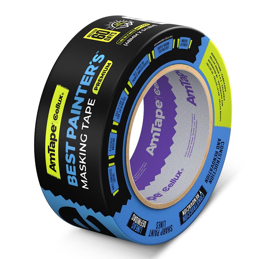 AmTape Premium Best Painter’s Masking Tape, Solvent & Moisture Resistant, 60-Day Clean Removal, Super Washi Painter’s Tape for Walls, Ceilings & Trim, Blue (2" - 3pk)