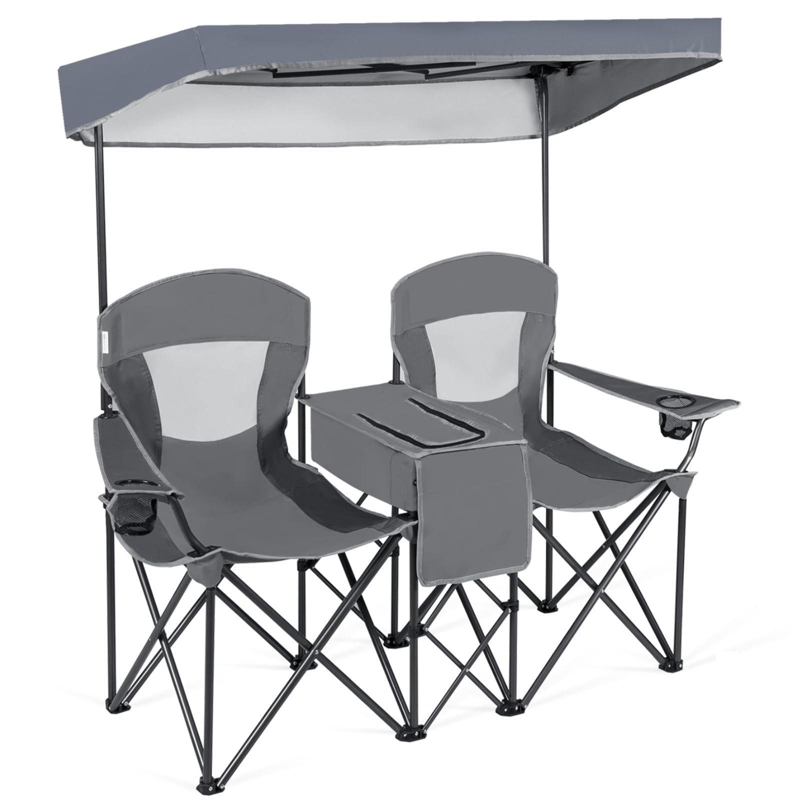 TANGZON Double Camping Chair, Outdoor Folding Loveseat with Shade Canopy, Cup Holder, Cooler Bag, Side Pocket & Carrying Bag, Portable Picnic Chair for Patio BBQ Fishing (No Roll-up Shade, Grey)