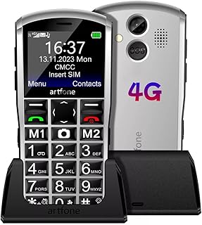 artfone Teléfono Móvil 4G para Adultos Mayores y Usuarios Senior, con Botones Grandes, Función SOS, Volumen Alto, Cámara, Batería 1800mAh, Base de Carga, Dual SIM y Linterna (Plateado)
