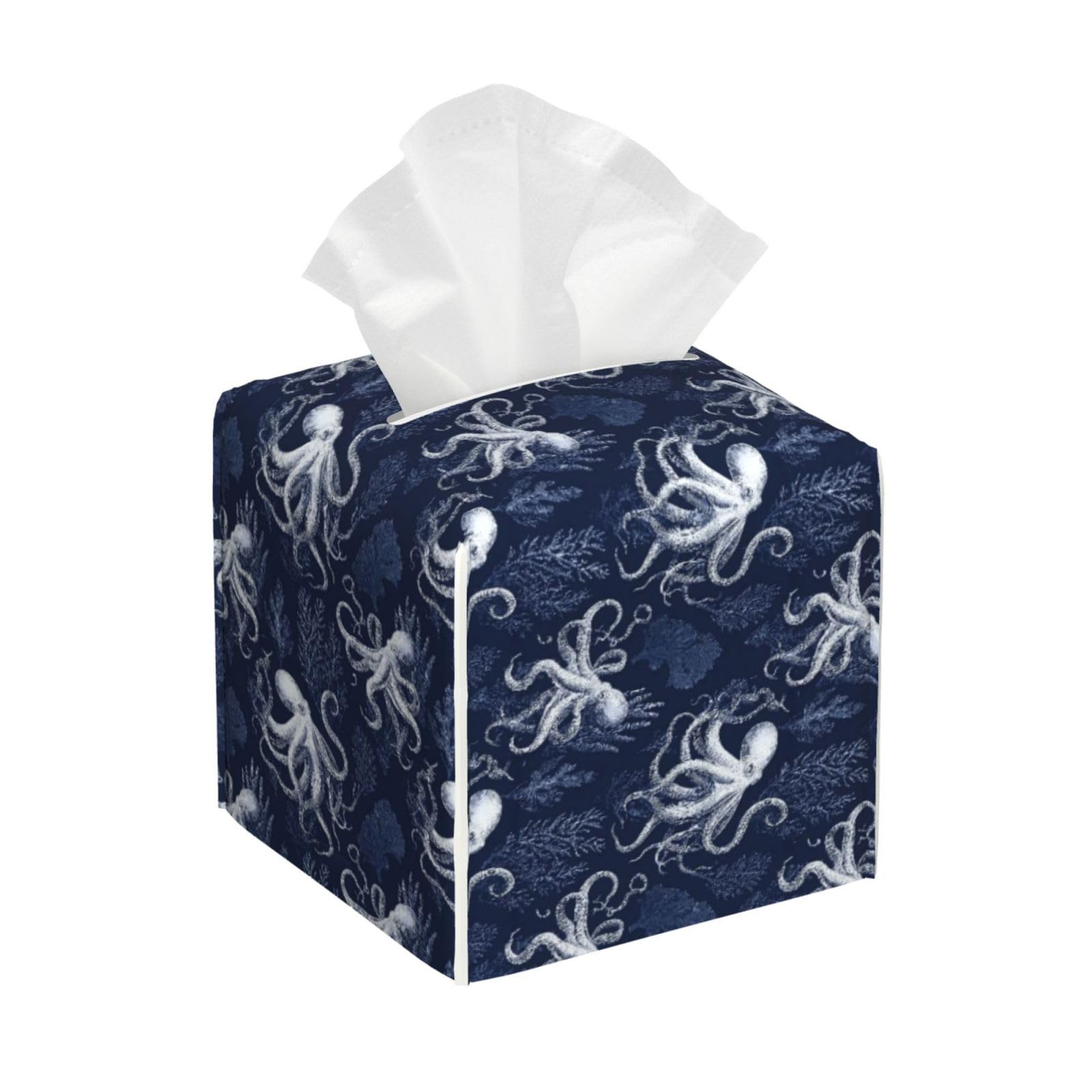 Vintage Octopus Seaweed Print Tissue Box Cover Holder Square, Foldable Modern Cube Tissue Box Cover, Leather Decorative Organizer for Tabletop Bathroom Car Office Desk Decor
