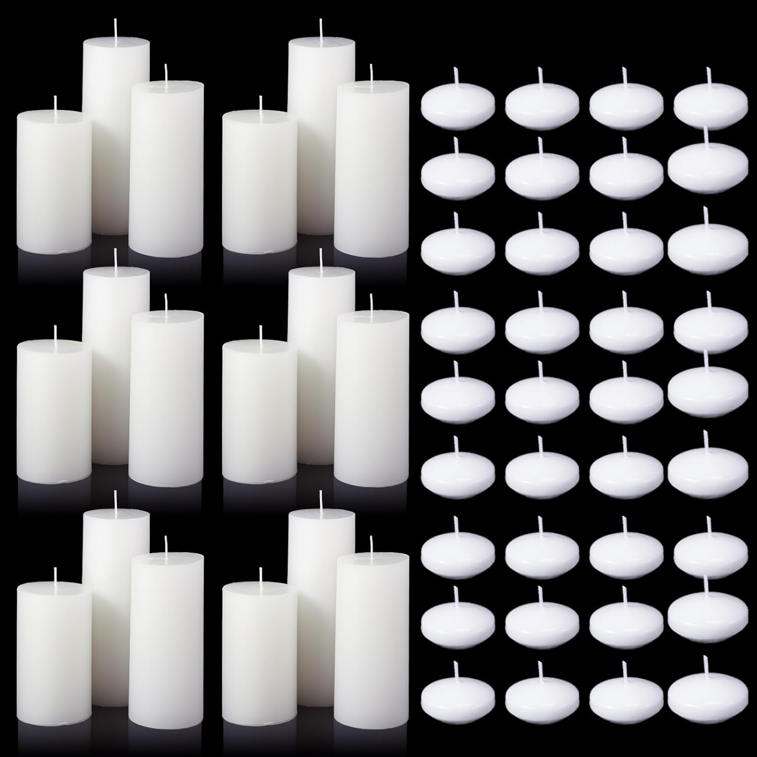 MTLEE 36 Pcs Thanksgiving Day Floating Candle 1.75'' 18 Pcs White Pillar Candles 4'' 5'' 6'' Diameter Dripless Wax Burning Unscented Decorative for Banquet Wedding Dining Party Home Decor