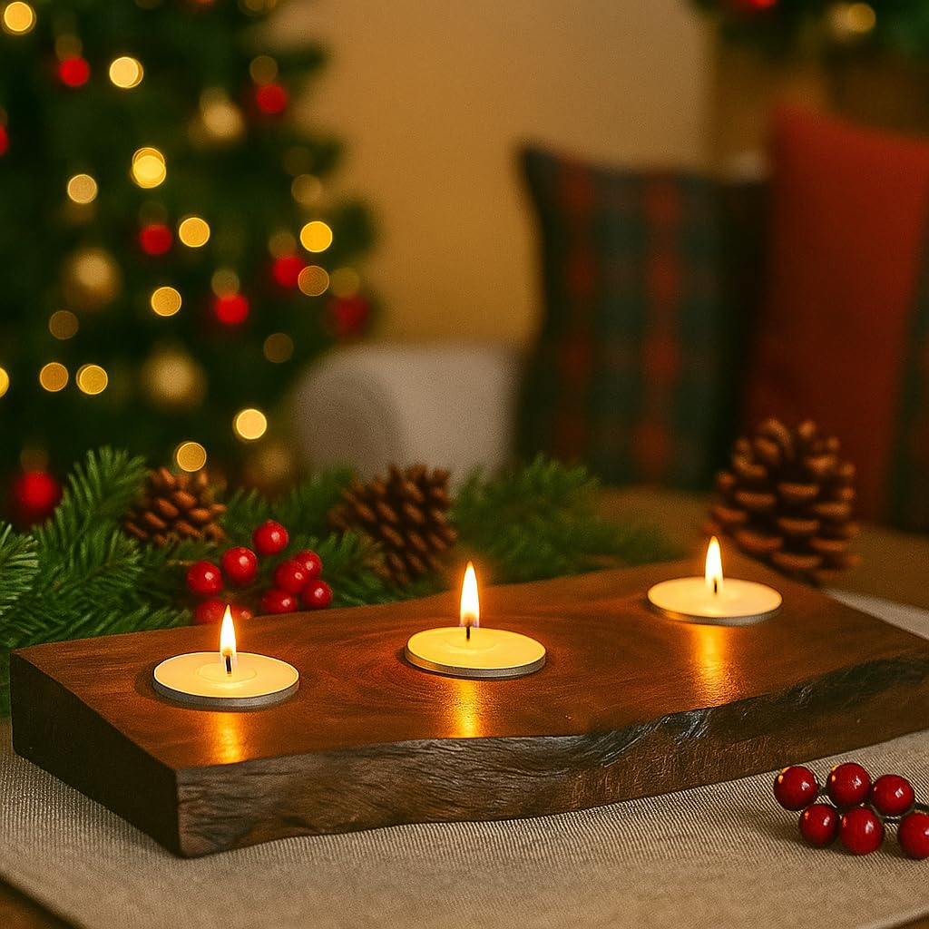 Marco Paul Interiors 3 Tealight Holder Marco Paul Wooden Tea Light Candles Holder To Hold 3 Tealights - Mango Wood Autumn Tea Light Holder For Christmas Table Centrepiece, Dinner Tables Weddings & Home Decoration