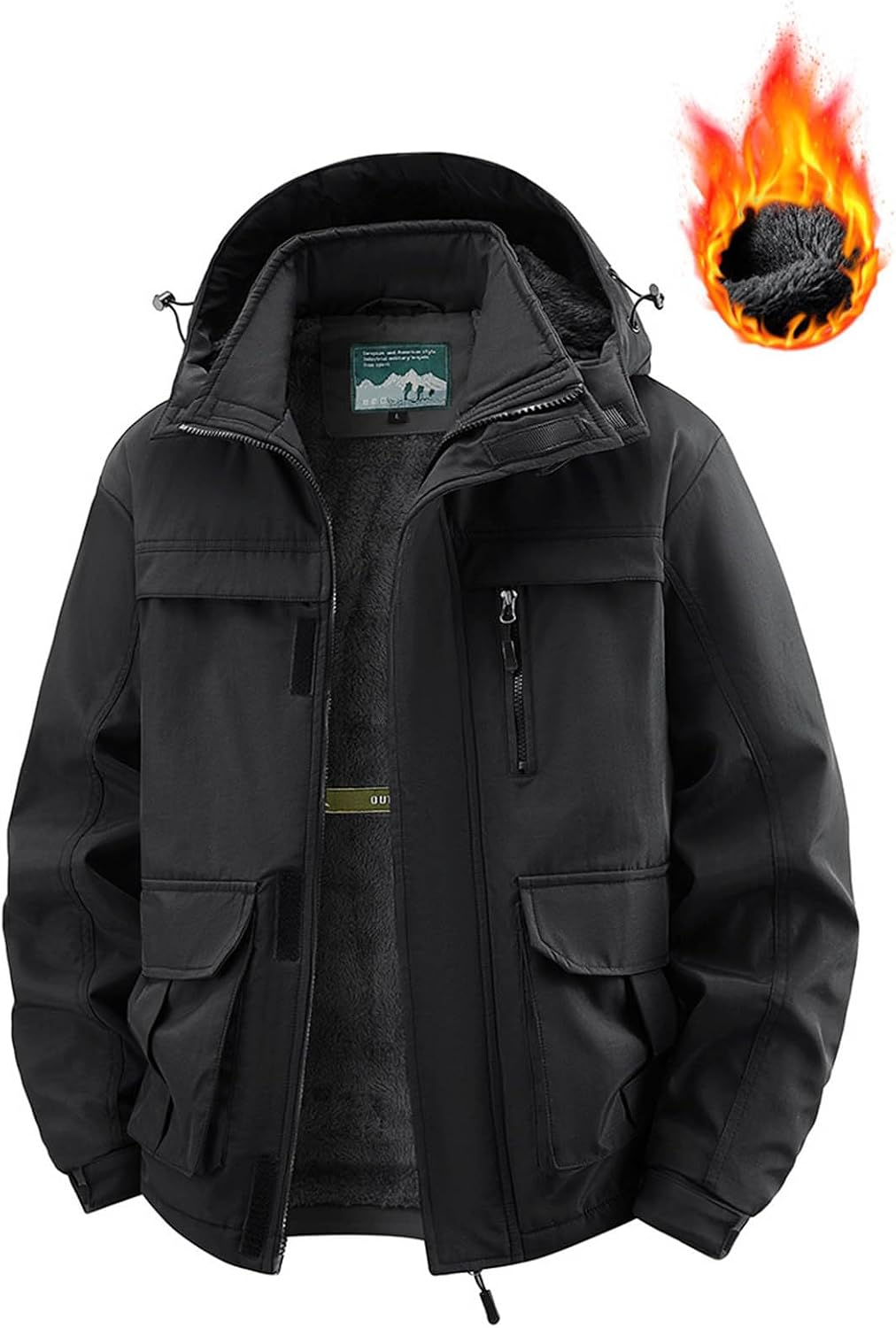 Mens Military Tactical Coats Warm Sherpa Fleece Lined Zip Up Jacket Long Sleeve Hooded Workwear Outwear with Pockets