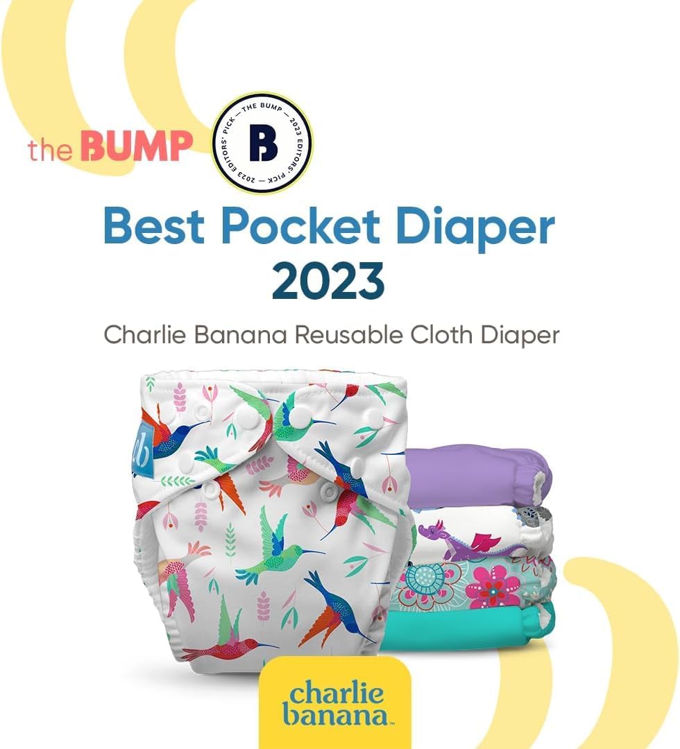 Charlie Banana Cloth Diapers, Reusable, Washable, Adjustable One Size Diaper, for Babies and Toddlers, with Absorbent Inserts - Hummingbirds, 3 Pack