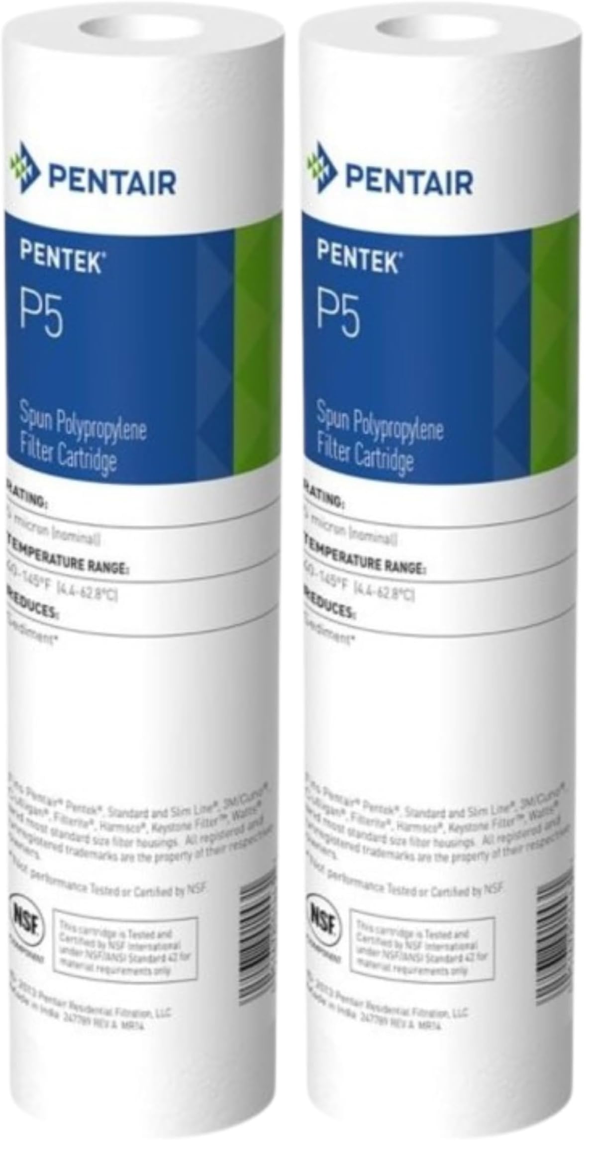 Pentair Pentek P5 Sediment Water Filter, 10-Inch, Under Sink Spun-Bonded Polypropylene Replacement Cartridge, 10" x 2.5", 5 Micron (Pack of 2)