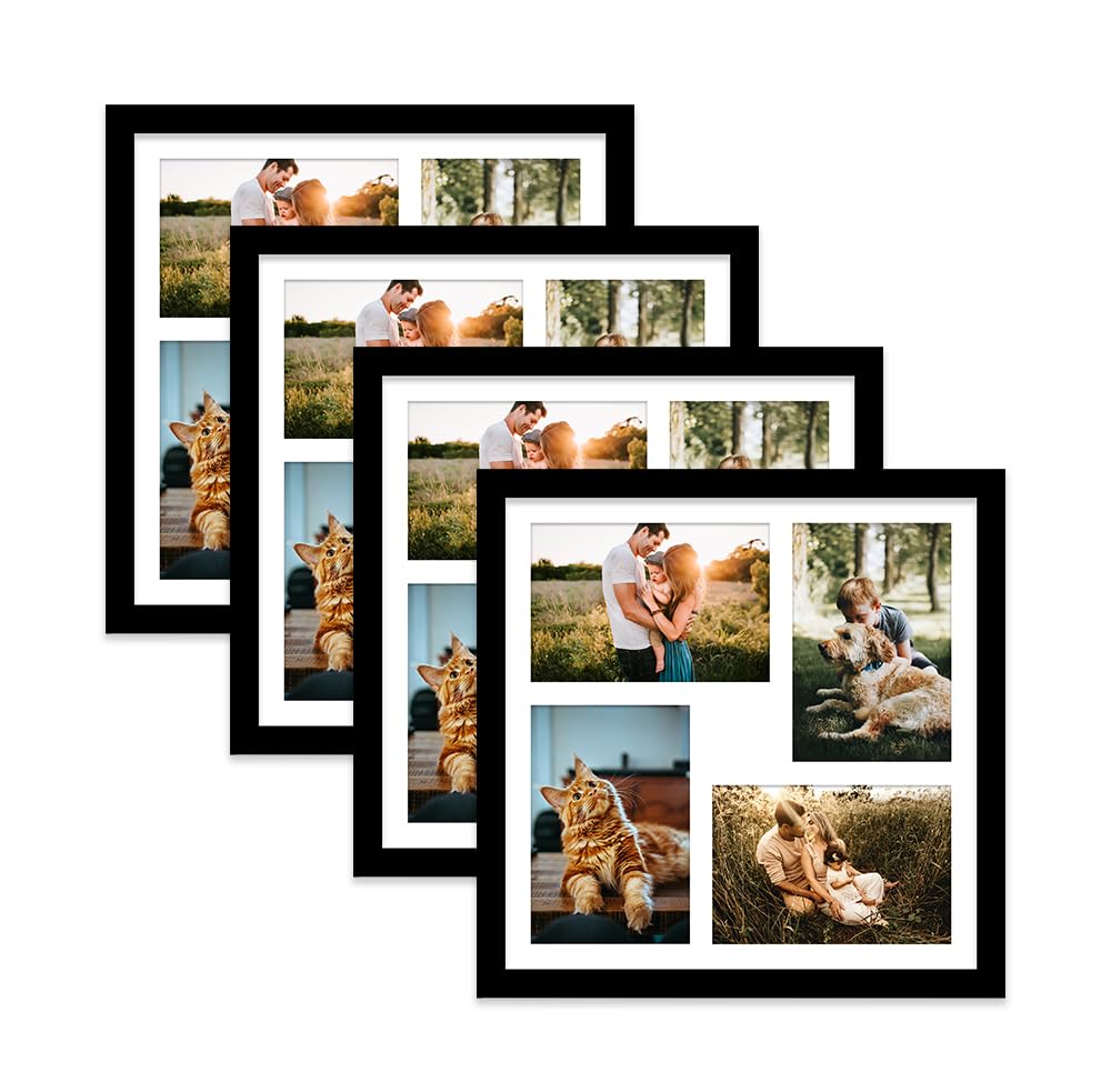 Black Multi Photo Frame - Holds 4 x 6x4 Pictures, Family Collage Picture Frame for Wall Display, 12x12 Frame size, Set of 4
