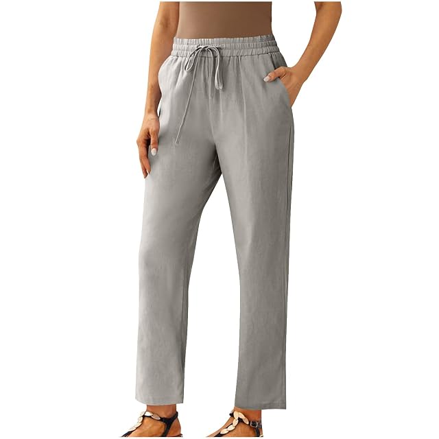 Women Petite Linen Pants High Waisted Straight Leg Casual Cotton Trousers Elastic Waist Drawstring with Pockets