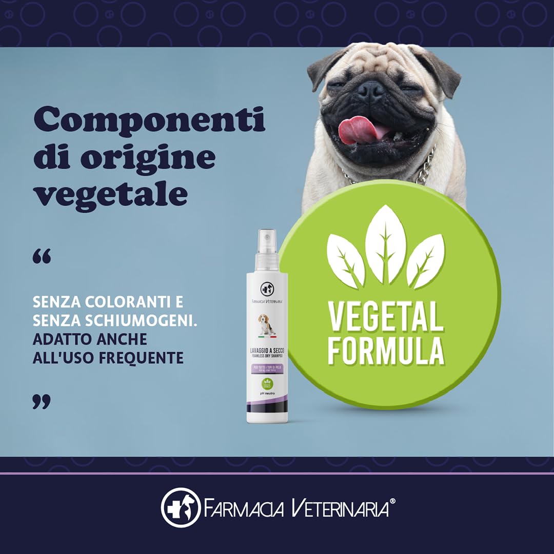 Farmacia Veterinaria Shampoo Secco per Cani - Privo di Parabeni e Coloranti - Shampoo per Cani Profumato e Senza Risciacquo - 250 ml, Prodotto in Italia