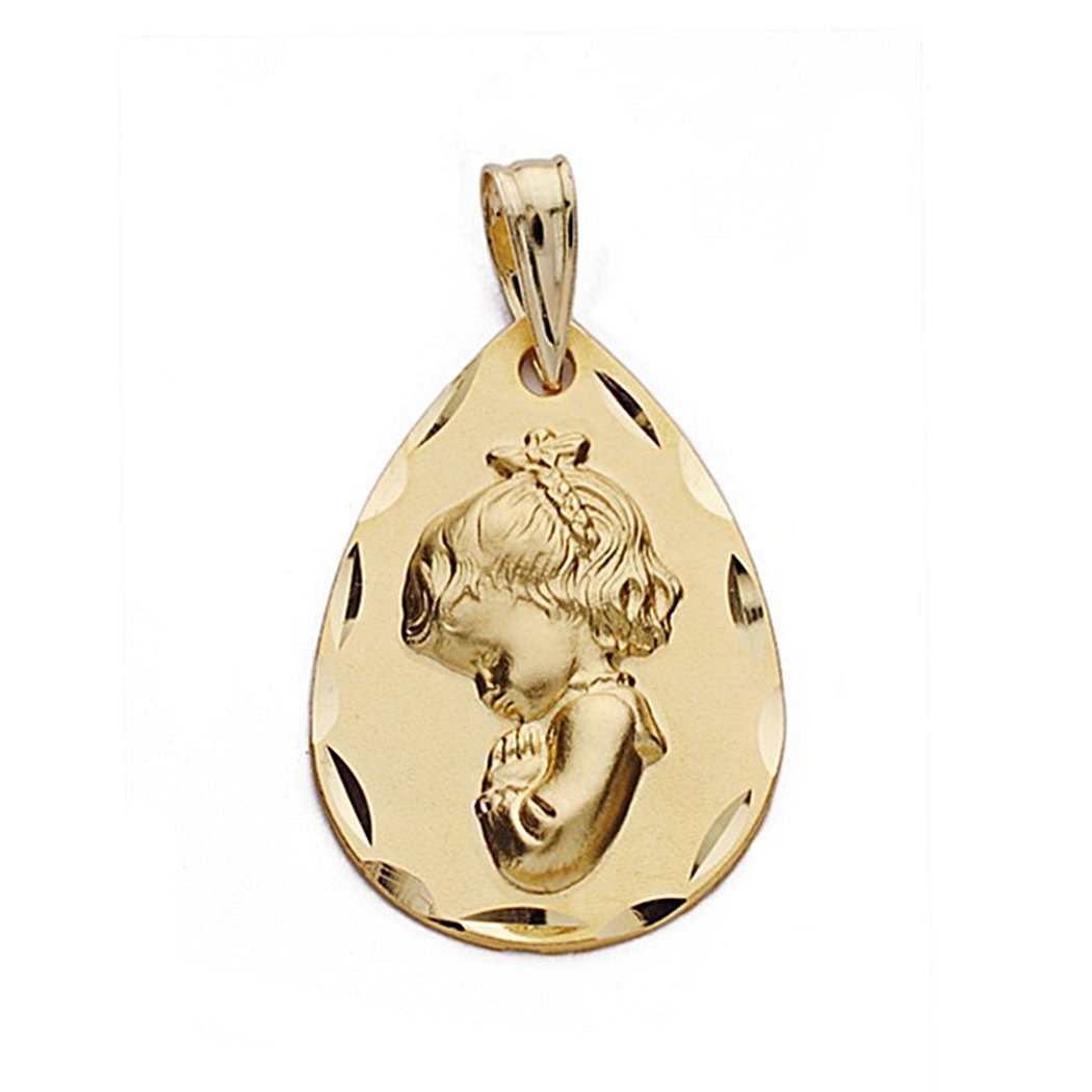 Medalla oro 18k colgante Virgen Niña 21mm. forma lágrima borde detalles tallados