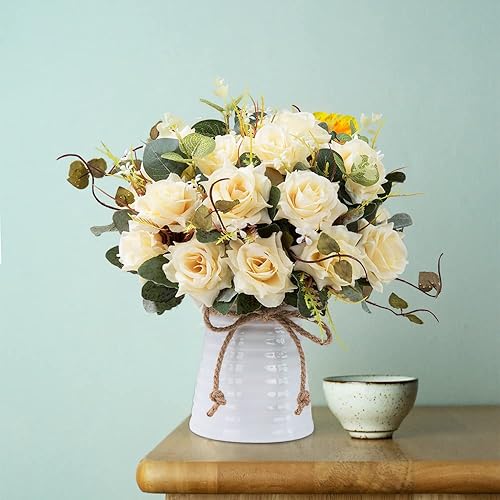 Miniatura 6 de LESING Rosa artificial con jarrón, ramos de flores de seda falsas en jarrón, arreglo de centro de mesa para cocina, sala de estar (champán-1)