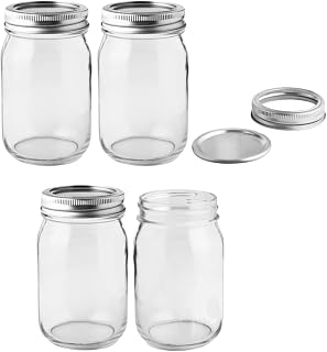 FastRack 16 oz Regular Mouth Mason Jars with Airtight Lids - Pack of 4 Glass Canning Jars for Fermentation, Pickling, Storage & Kombucha