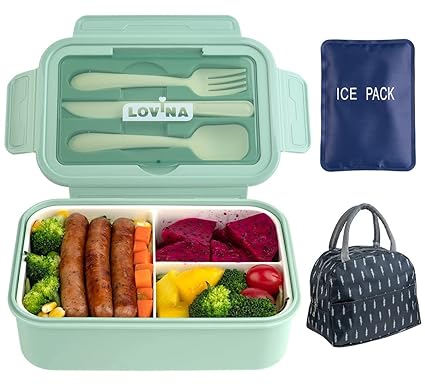 Bento Box Adult Lunch Box, 37OZ Bento box for Adults Kids With Ice Pack 6 Liter Insulated Lunch Bag Set, With Built-in Utensils, , Leakproof, Durable, BPA-Free and Food-Safe Materials Mint Green