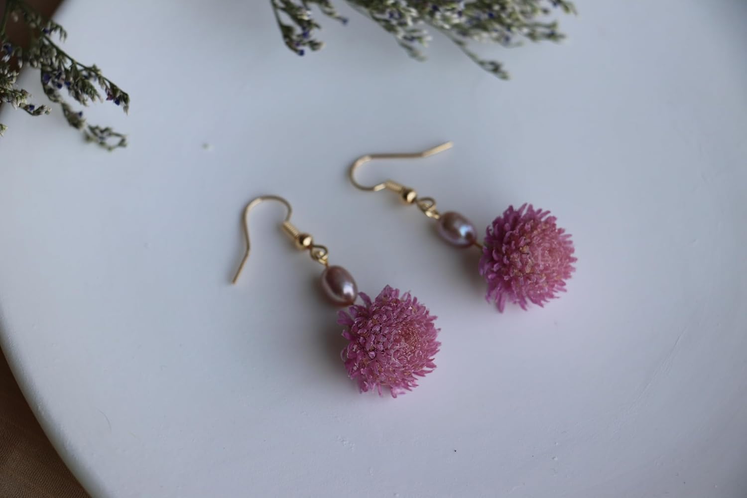 Pink Floral Drop Earrings with Pearl Beads, Gold-Tone Fish Hook, Handmade Dangle Jewelry,Handmade Real Freshwater Pearls & Preserved Strawflower Dangle Earrings - Lightweight Hypoallergenic Rose Gold Earrings, Unique Pressed Floral Gift for Women - Image 5