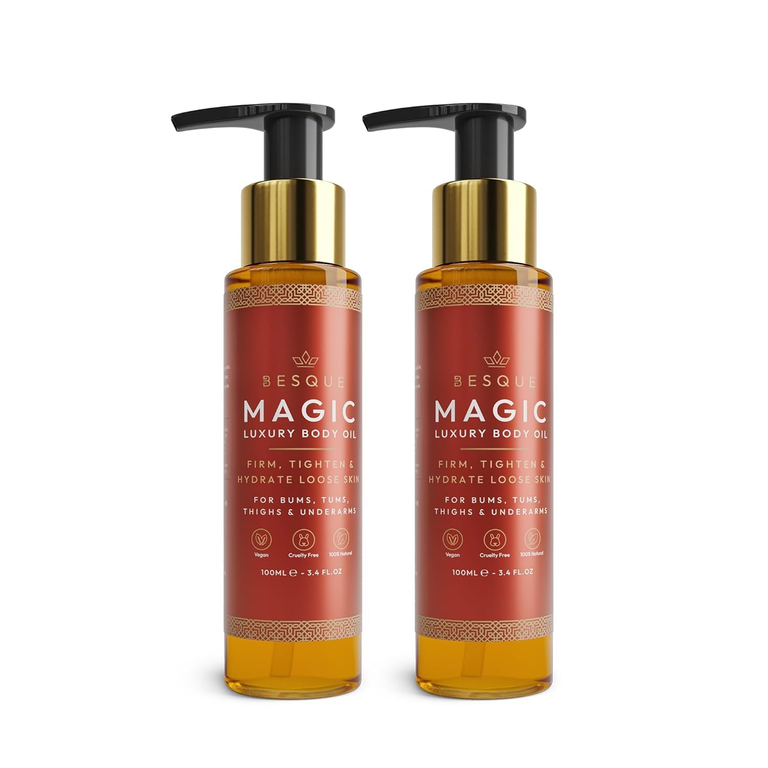 BesqueMagic Body Oil, 100ml, Plumps, Tightens, Firms and Hydrates Skin, For Arms, Chest, Thighs and Tums, Suitable for Full Body Use - Pack of 2