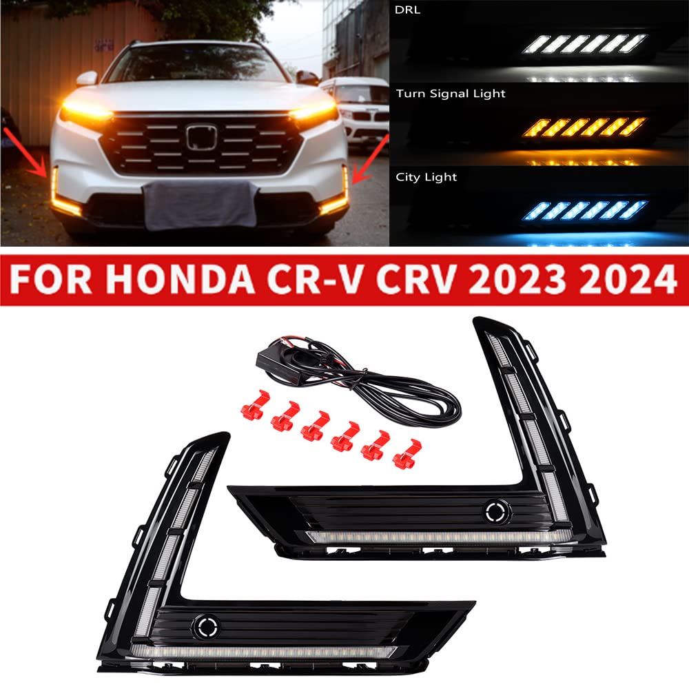 Astra Depot Compatible For Honda CR-V CRV 2023-2024 LED DRL Daytime Running Lights with Integrated Turn Signals - Glossy Black Housing, 6000K Xenon White/Amber/Blue, 80W - Pair