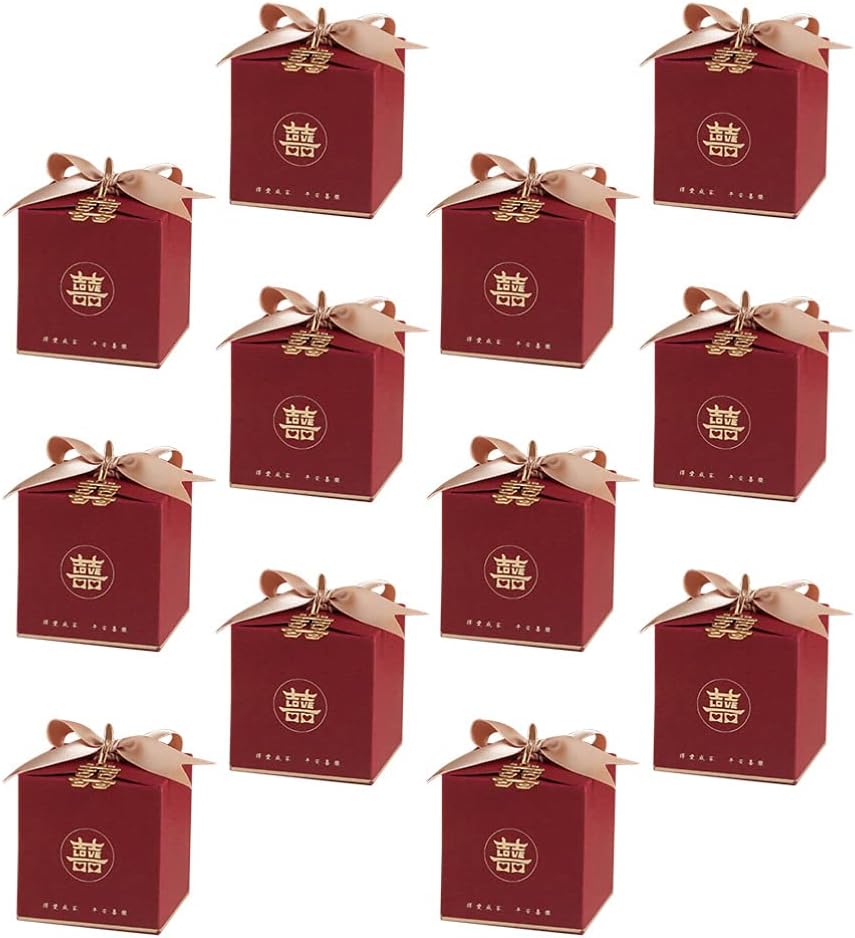 20Pcs Chinese Wedding Favor Boxes Xi Candy Boxes with Ribbon Take Out Boxes for Baby Shower Birthday Wedding Party (Red)