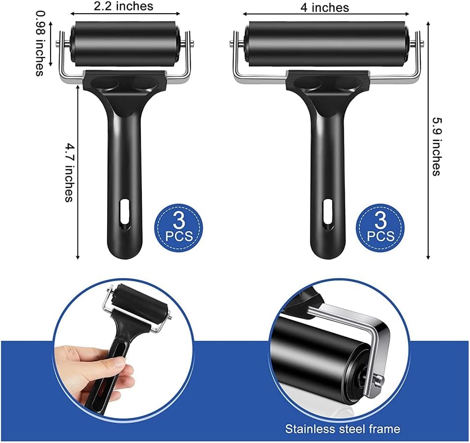 6Pcs for Crafting 2.2 and 4 Inch Roller Vinyl Roller Tool for Printing Printmaking Art Crafting Inking Blocks Stamping, Black