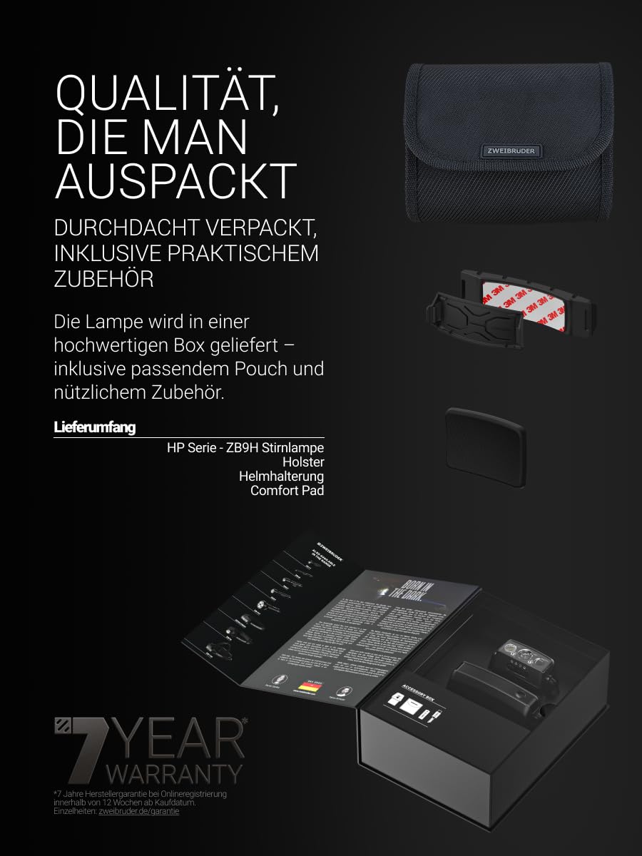 Zweibrüder ZB9H Stirnlampe mit 2000 Lumen – LED Kopflampe mit Auto Focus Technology. Rotlicht & Rücklicht. USB-C aufladbar. Integriertes USB-C Ladekabel. Ideal für Outdoor, Arbeit und Einsatz.