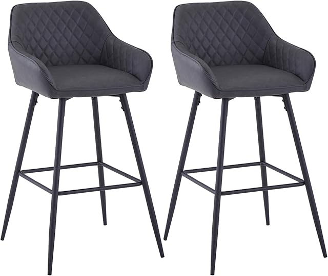 AINPECCA Bar stools Set of 2 Dark Gray Faux Leather Upholstered Seat with Backrest & Armrest Black Metal Legs Counter Breakfast Chairs Kitchen