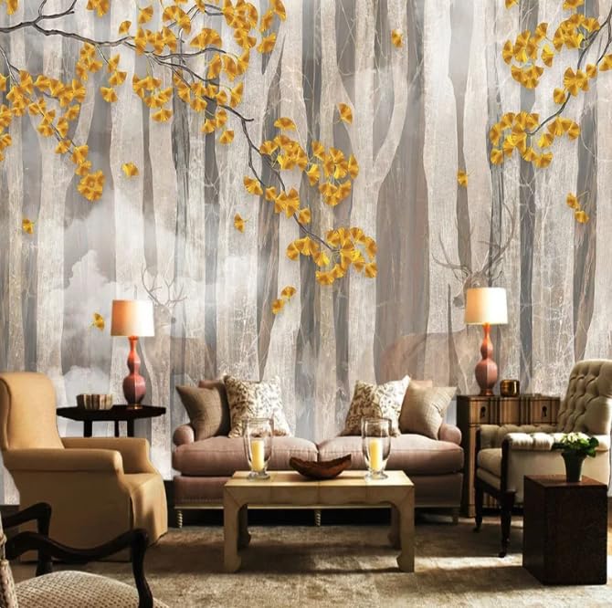Papier peint forêt 3D ginkgo pour masquer et sublimer un mur - 2