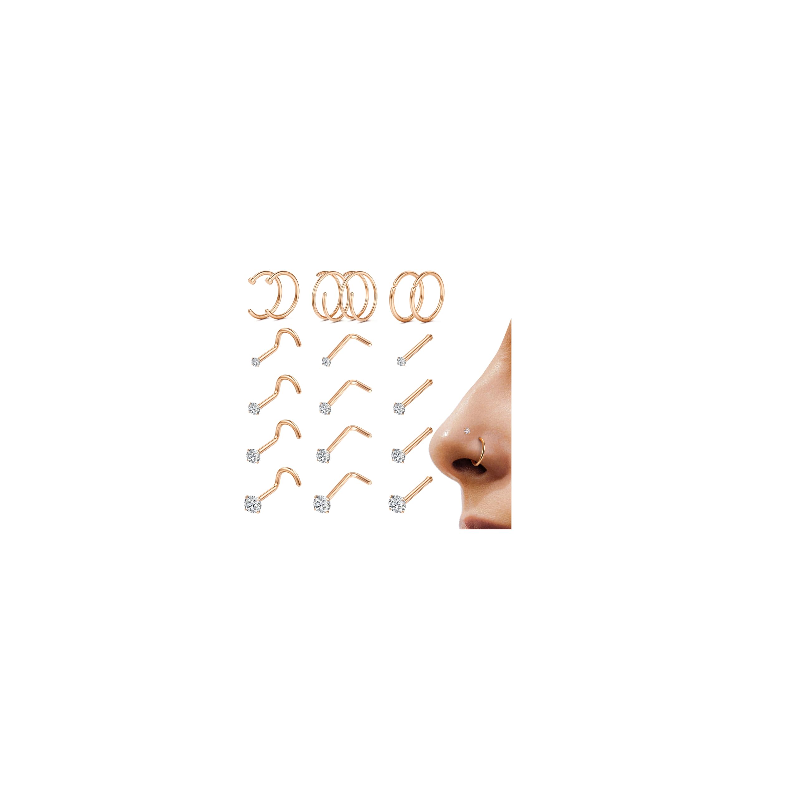 LOYALLOOK 18Pcs Nose Rings Studs - 316L Surgical Steel Gold Nose Studs Double Hoop Nose Ring for Women Men 18G/20G Nose Rings Stud Hypoallergenic Nose/Body Piercing Jewelry 1.5mm 2mm 2.5mm 3mm CZ: Rose Gold-18G