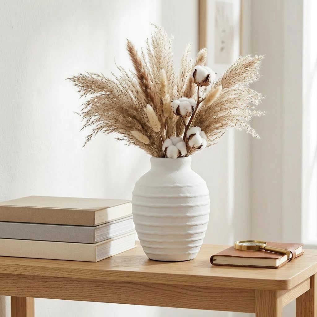 Ceramic Flower Vase 7 Inch Modern Farmhouse Vases Rustic Decorative Vase Home Decor Minimalist Handcrafted Pottery Terracotta Centerpiece Vases for Living Room,Bedroom,Table,Weddings,Office-White