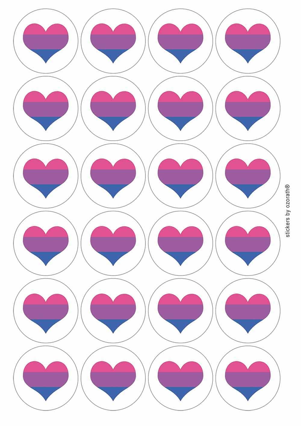 Bisexual Heart LGBTQ Pride Circular Matt Paper Stickers A4 Sheet of 24 (Each Sticker is 45mm Diameter)