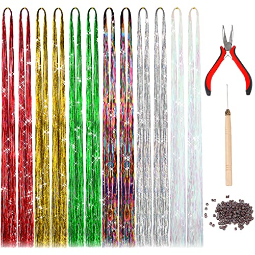 47 Inches Hair Extension Tinsel with Tool 2400 Strands 6 Colors Hair Extension Tinsel Kit Glitter Hair Extensions for Women Girls Hair Accessories for Christmas New Year Halloween Cosplay Party