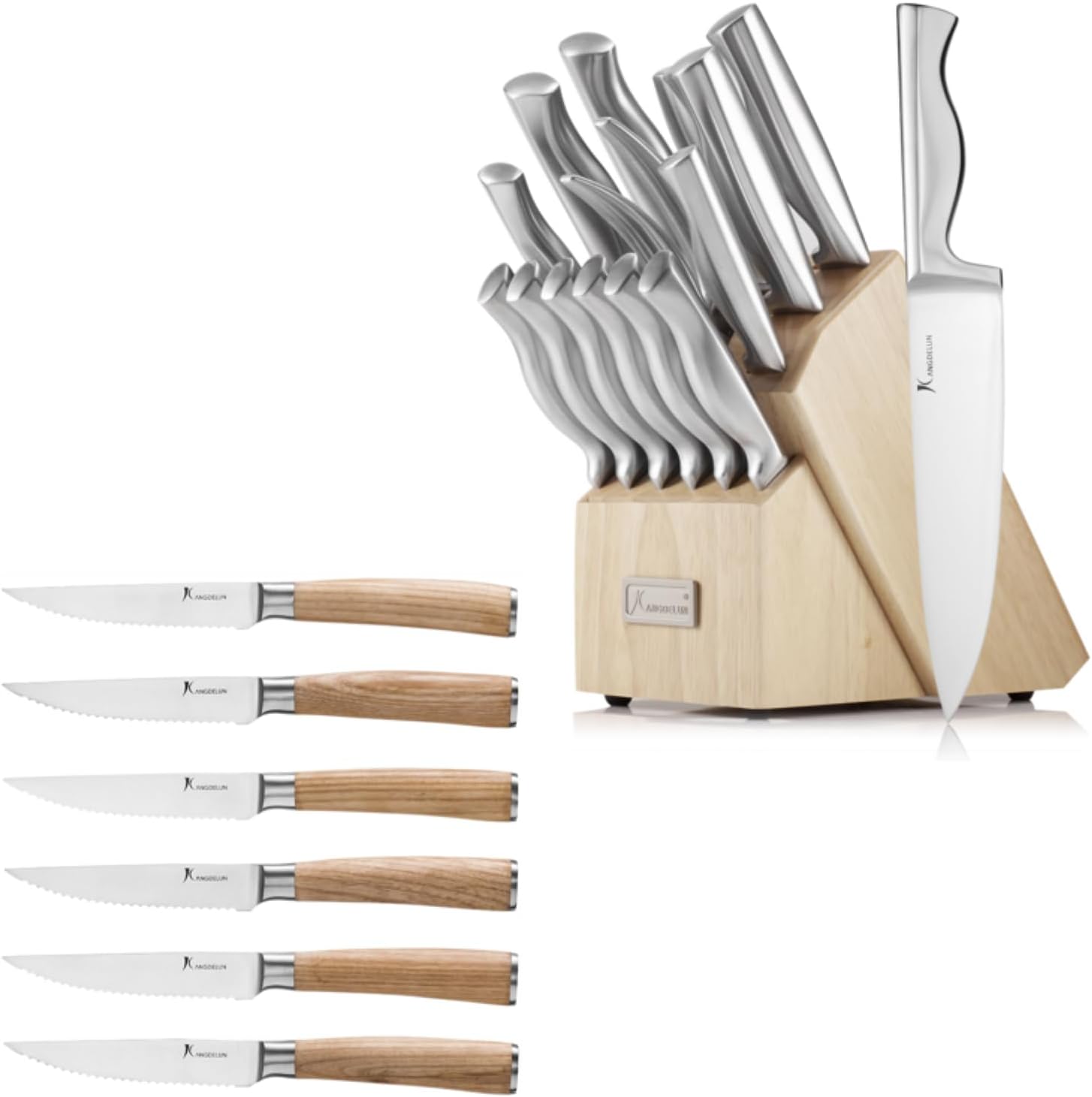 Natura Series 15 PCS Knife Block Set and 6 Steak Knife Set, Ultra Sharp High Carbon Stainless Steel, with Ergonomic Handle