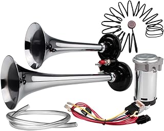 FARBIN Car Horn 12V 150db Super Loud Air Horn, Chrome Zinc Dual Trumpet Air Horns, Truck Horn with Compressor Wire Harness and Button, for Any 12V Vehicles