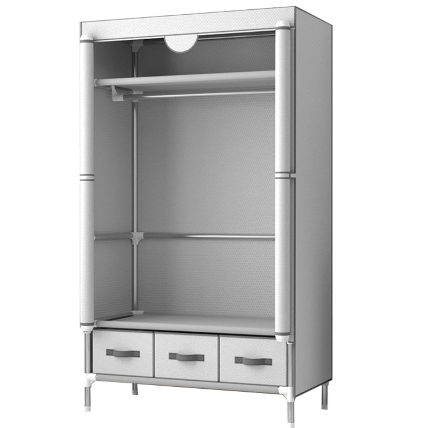 Armario de tela beige plegable con barra para colgar ropa y estantes ajustables