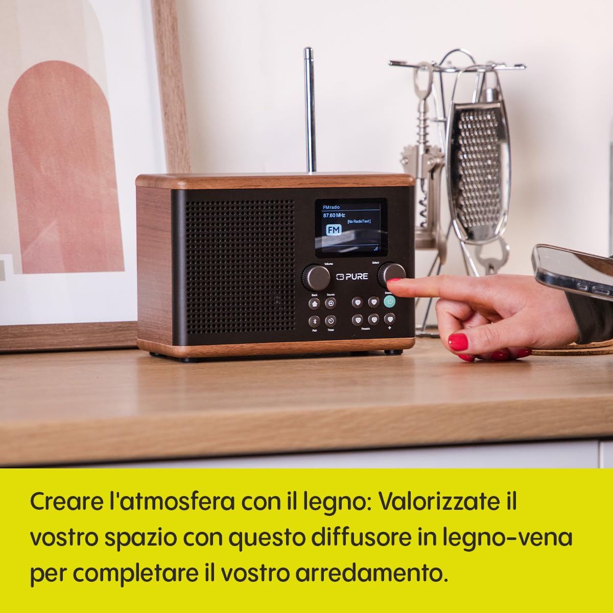 Pure Classic H4 Radio da Cucina Digitale DAB+ FM Bluetooth USB AUX Timer Sveglia Caffè Nero Noce
