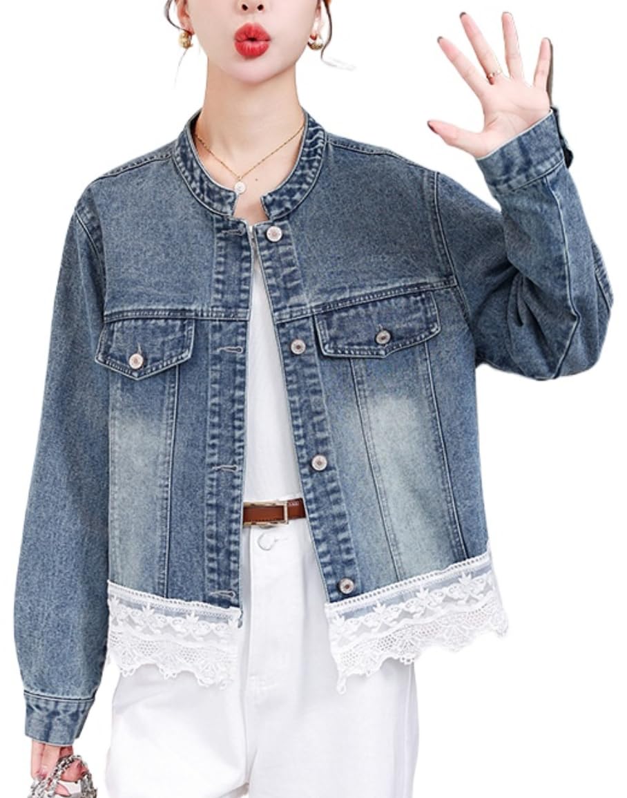 Chaqueta Vaquera Informal De Primavera Para Mujer Chaqueta Corta Con Cuello Redondo Y Dobladillo De Encaje Con Una Hilera De Botones Ropa De Abrigo Vaquera Elegante De Manga Larga
