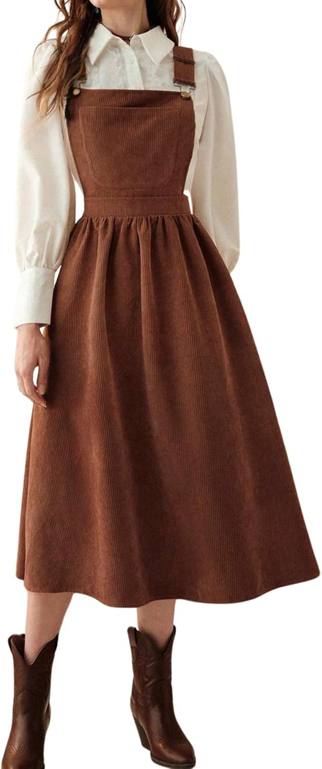 chouyatou Women's Fall Corduroy Overall Dress Adjustable Strap A Line Flare Pinafore Midi Jumper Dress