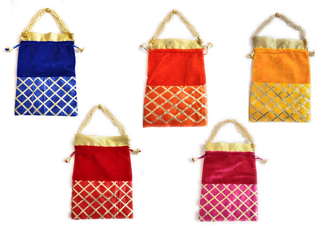 Indian Collectible - Juego de 6 bolsas de tela de seda y terciopelo para mujer, con asa de perla, para bodas, compromisos y festivales, Multi